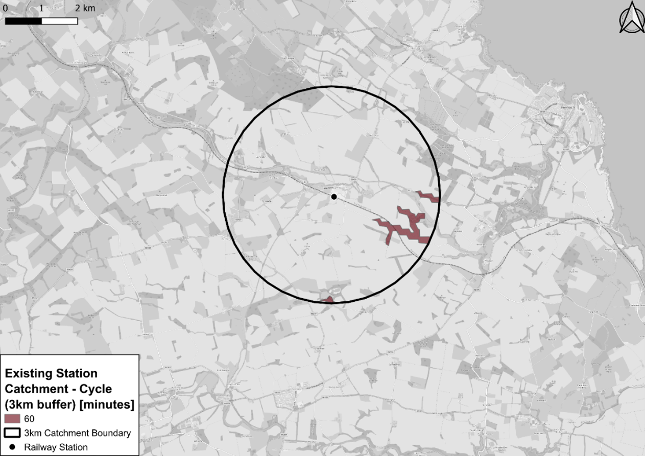 Figure 71: Isochrone map showing cycle times from census output areas to existing stations - as described in previous text