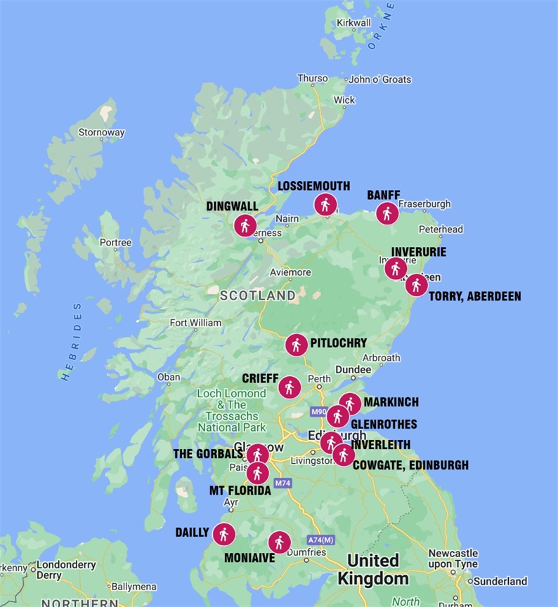 Geographical distribution of included CSA/SRA projects across Scotland - places as listed in the text.