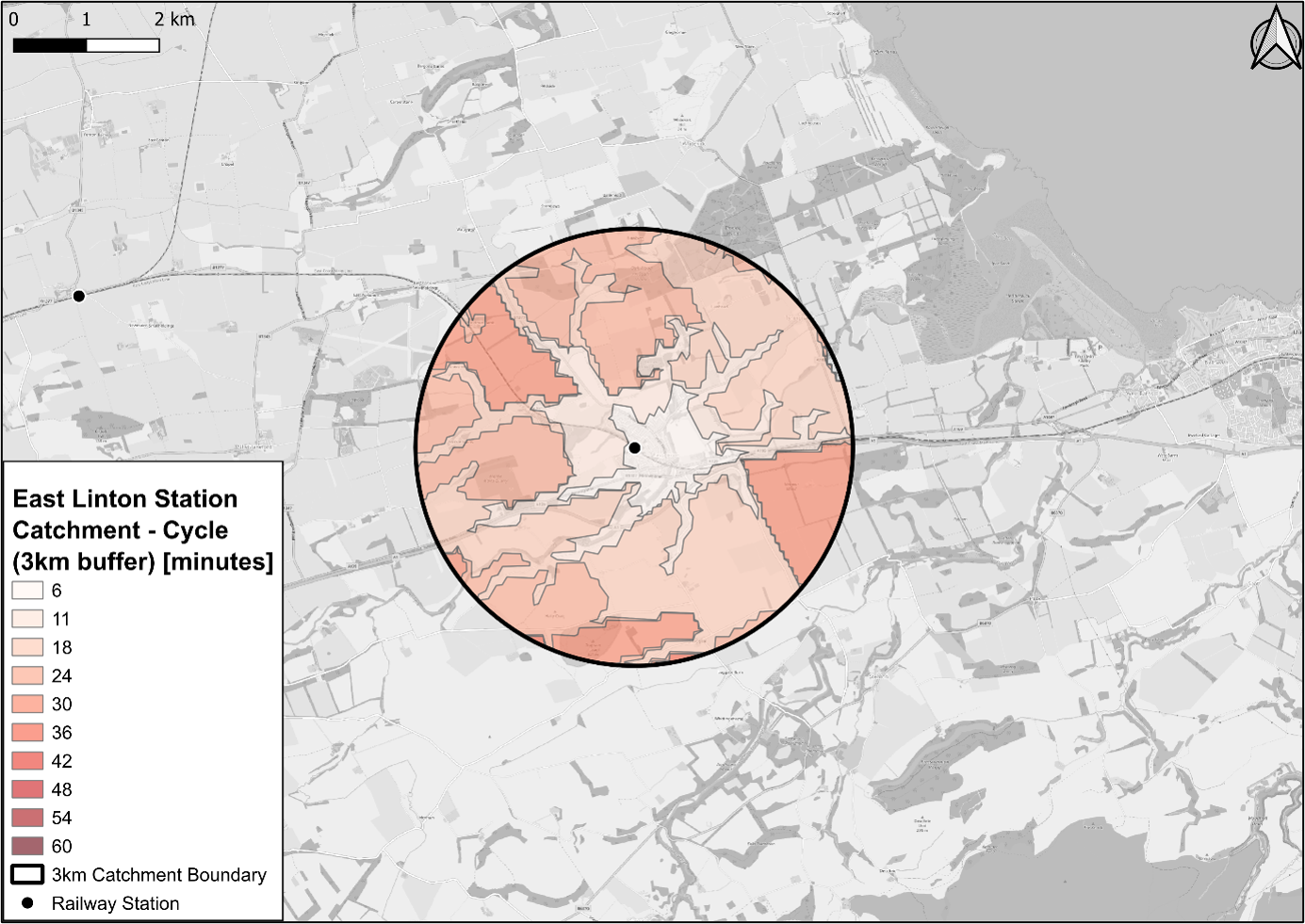 Figure 65: Isochrone map showing travel times by cycling from census output areas to East Linton Railway Station - as described in previous text