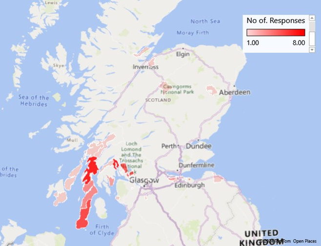 Map 1: Distribution of responses by post code, as described in the text above