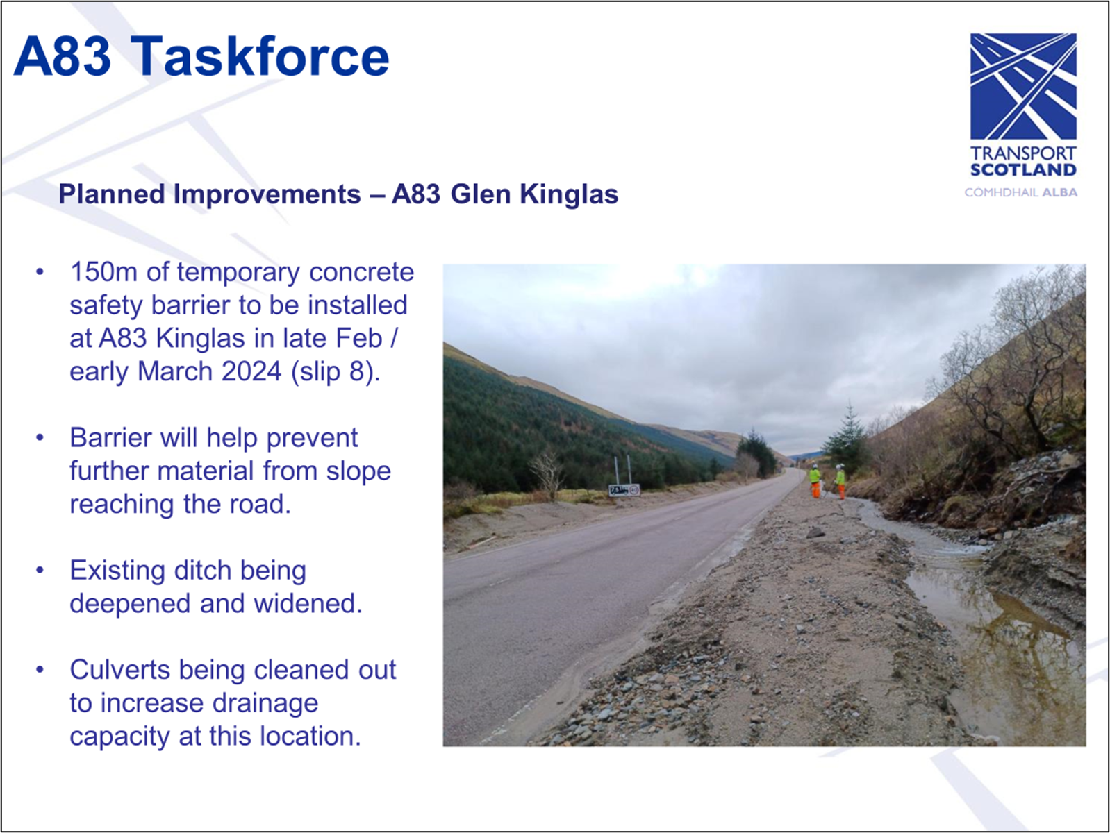 Slide 11, as described in text below. Includes image of workmen inspecting ditch on A83.