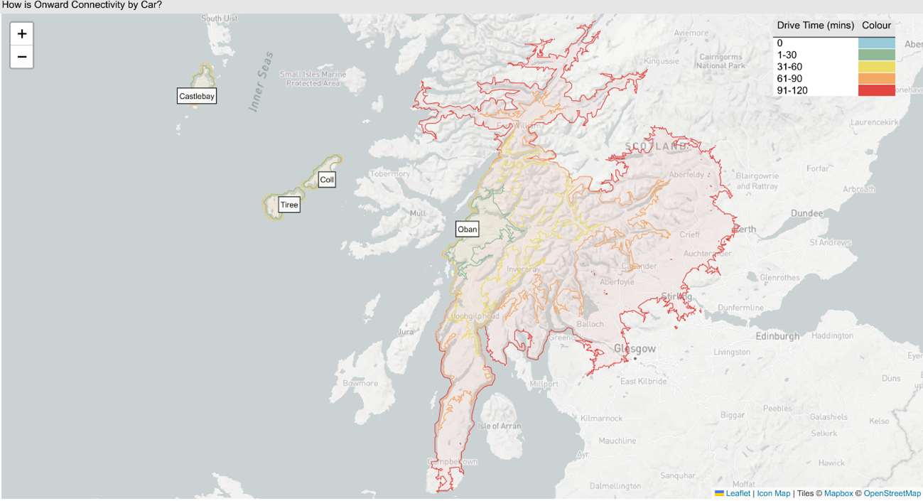 Figure 6.1: Onward journey times by car from Oban, Coll and Tiree, as described in text above