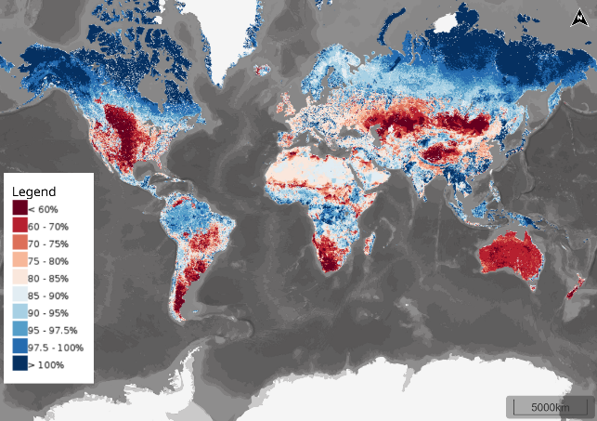 A map of the world showing the average abundance of originally-present species relative to their abundance in an intact ecosystem. The largest areas marked as less than 80% include much of Australia and New Zealand, southern Africa, southcentral Asia, the southern parts of both North and South America. Areas of highest biodiversity intactness include the northern part of North America, northern and southeast Asia Asia, the Scandinavian Peninsula, central Africa, Amazon Rainforest and Papua New Guinea.