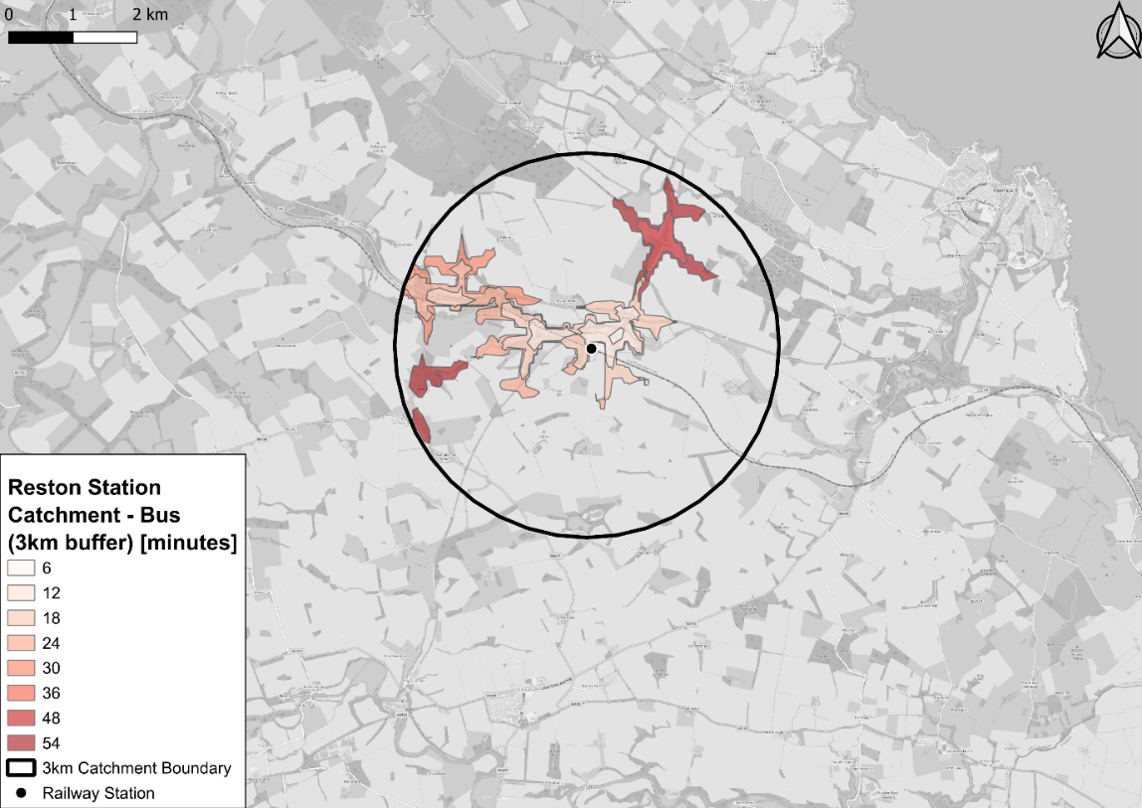 Figure 75: Isochrone map showing travel times by bus from census output areas to Reston Railway Station - as described in previous text